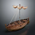 Vintage Wooden Boat With Mast Ropes And Canvas Sails On Gray Background