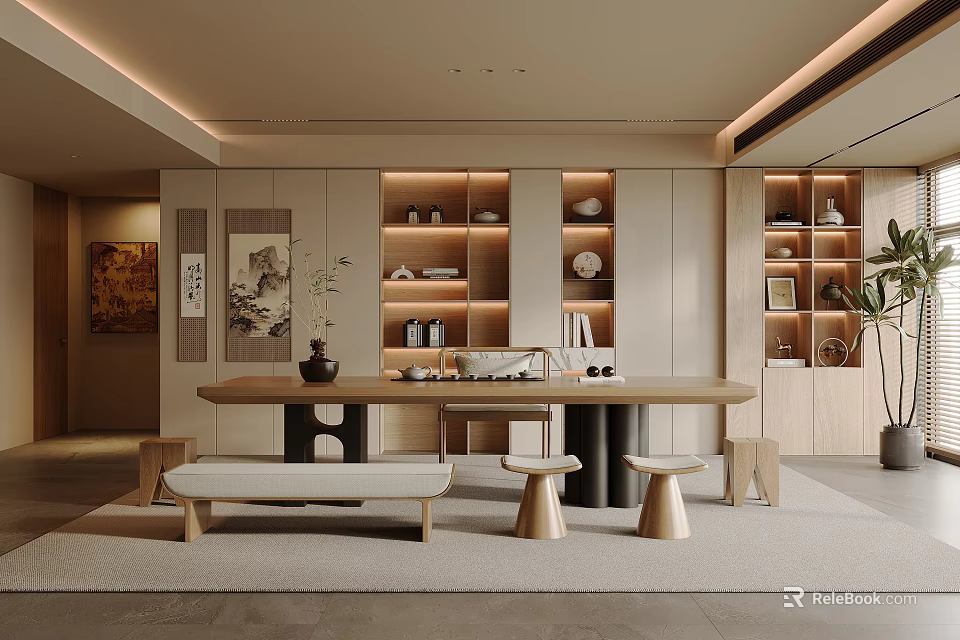 Modern Minimalist Tea Room Interior With Wooden Long Table Low Stools And Bookshelves 3d model 