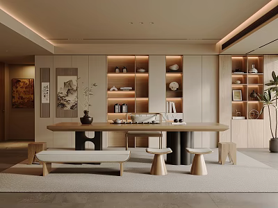 Modern Minimalist Tea Room Interior With Wooden Long Table Low Stools And Bookshelves 3d model