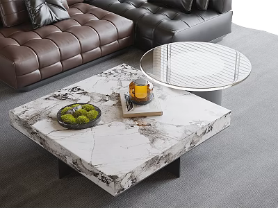 Elegant Marble Top Coffee Table With Round Glass Accent And Green Plants On Leather Sofa 3d model