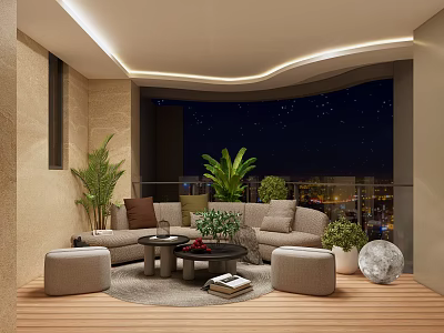 Luxurious Villa Balcony Design With Comfortable Sofa Green Plants And Night View 3d model