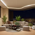 Luxurious Villa Balcony Design With Comfortable Sofa Green Plants And Night View