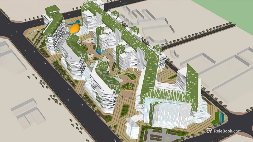 Modern Commercial Complex Design With Green Roofs Central Plaza And Pedestrian Walkways 3d model 
