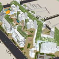 Modern Commercial Complex Design With Green Roofs Central Plaza And Pedestrian Walkways