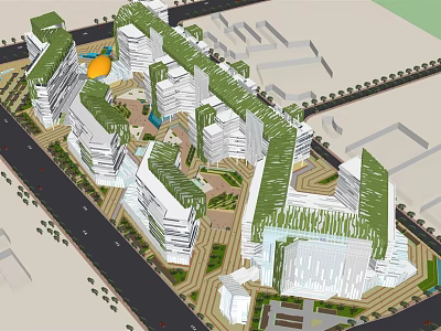Modern Commercial Complex Design With Green Roofs Central Plaza And Pedestrian Walkways 3d model