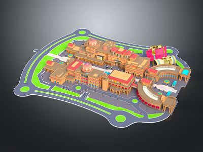 Large Building Complex with Multiple Structures Green Grassland Circular Areas and Connected Paths 3d model
