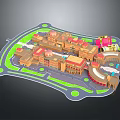 Large Building Complex with Multiple Structures Green Grassland Circular Areas and Connected Paths