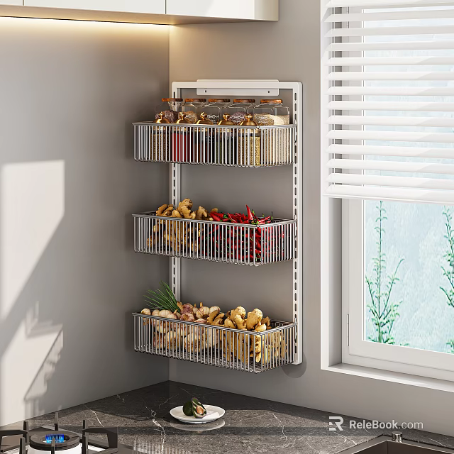 Organized Vegetable Storage on Hanging Metal Rack in Kitchen Corner with Potatoes Chilies and Scallions 3d model 