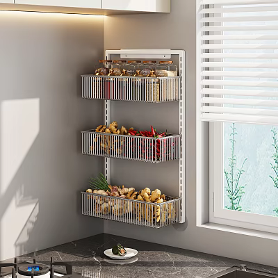 Organized Vegetable Storage on Hanging Metal Rack in Kitchen Corner with Potatoes Chilies and Scallions 3d model