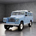 Classic Blue Off Road Vehicle With Vintage Design Roof Windows And White Wall Wheels