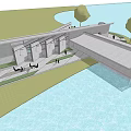 Modern White Building Exterior With Arch Structure And Water Reflection Near People