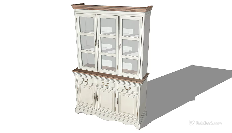 Classic White Bookcase With Glass Doors Drawers Cabinet Doors And Wooden Top 3d model 