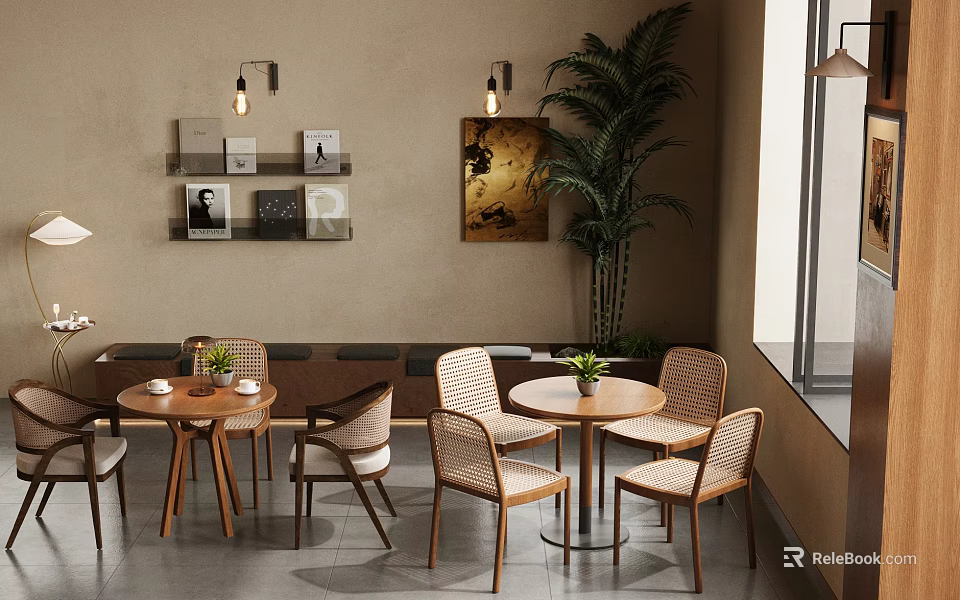 Modern Elegant Cafe Interior With Wooden Tables Chairs Green Plants And Wall Paintings 3d model 