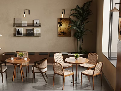 Modern Elegant Cafe Interior With Wooden Tables Chairs Green Plants And Wall Paintings 3d model