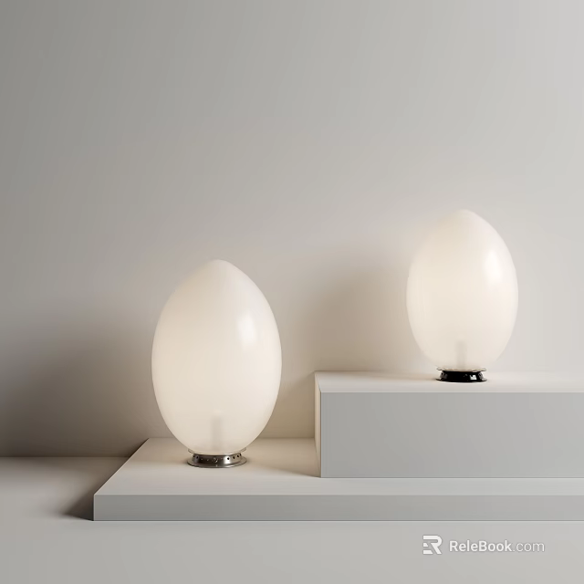 Stylish Egg Shaped White Table Lamps Placed On White Platforms With Light Colored Wall Background 3d model 