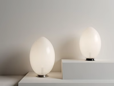 Stylish Egg Shaped White Table Lamps Placed On White Platforms With Light Colored Wall Background 3d model