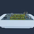 Industrial Sandbox with Robotic Arms Conveyor Belts and Control Desk in Factory Layout