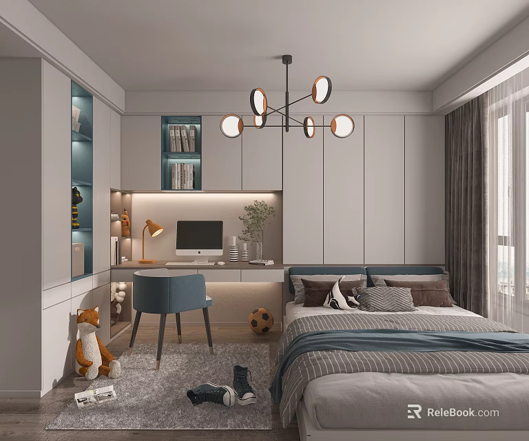 Modern Tatami Bedroom Interior With Bed Desk Chair And Cabinets 3d model 