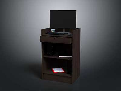Dark Wood Office Desk With Monitor Keyboard And Drawer Featuring Folders And Red Cover Book 3d model