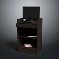 Dark Wood Office Desk With Monitor Keyboard And Drawer Featuring Folders And Red Cover Book