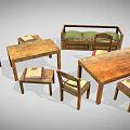 Rustic Wooden Dining Table Set With Four Chairs And Colorful Cushioned Seats
