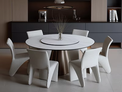 Dining Table Set With Round White Table Modern White Chairs and Vase Plant Centerpiece 3d model