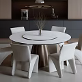 Dining Table Set With Round White Table Modern White Chairs and Vase Plant Centerpiece