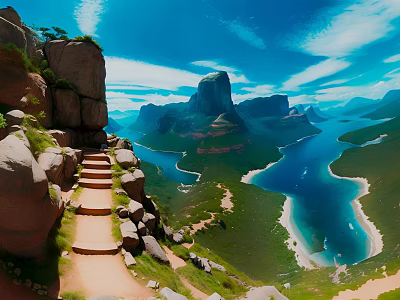 Cartoon Scenic Landscape With Mountains Winding River Stone Steps Green Meadows Blue Sky And Clouds 3d model