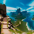 Cartoon Scenic Landscape With Mountains Winding River Stone Steps Green Meadows Blue Sky And Clouds