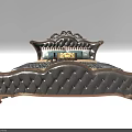 Elegant Gray Upholstered Double Bed With Gold Accents And Carved Headboard