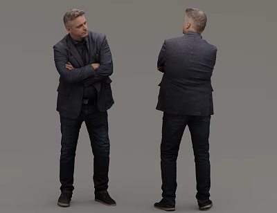 Men Standing with Arms Crossed in Dark Blazer Dark Pants Black Shoes Against Gray Background 3d model