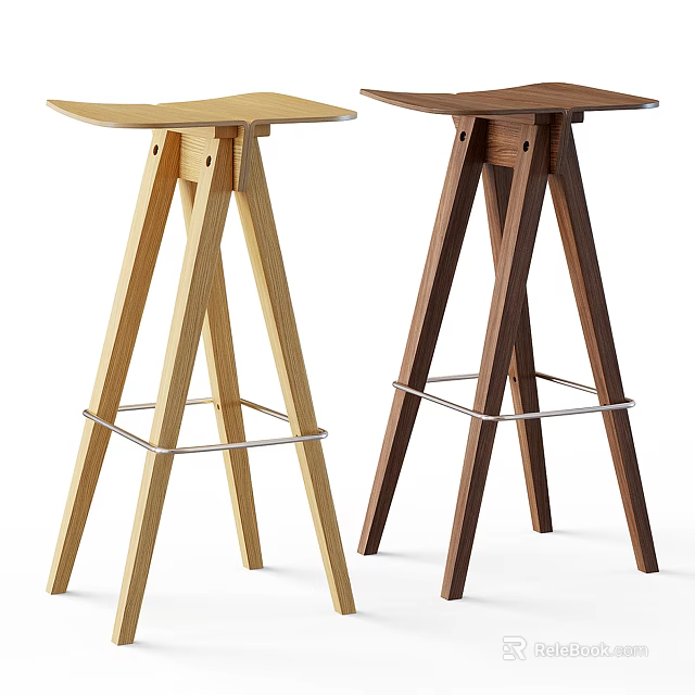 Modern Minimalist Wooden Bar Stools With Three Legs And Metal Crossbar In Two Colors 3d model 