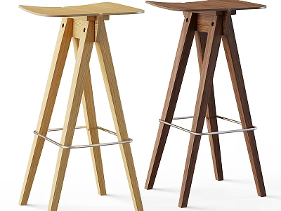 Modern Minimalist Wooden Bar Stools With Three Legs And Metal Crossbar In Two Colors 3d model