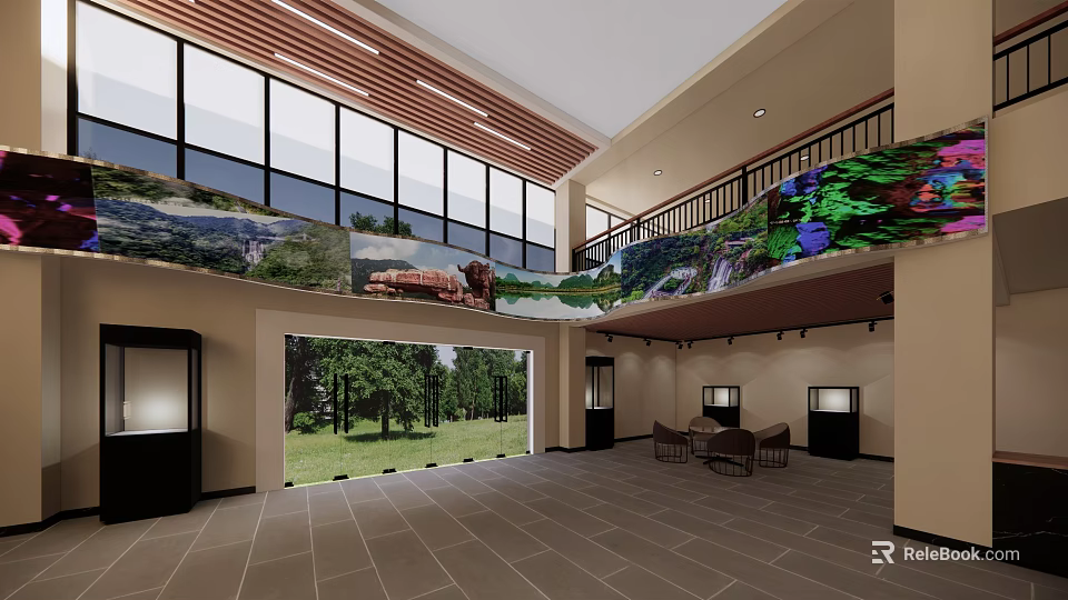 Spacious Public Hall Interior With Large Windows Mountain Forest Murals And Display Cases 3d model 