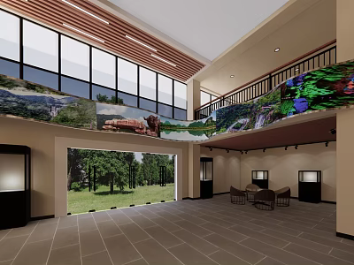 Spacious Public Hall Interior With Large Windows Mountain Forest Murals And Display Cases 3d model