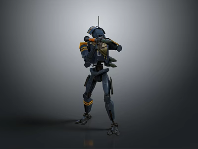 Back View Of Robot Character With Antenna And Orange Black Armor Standing Pose 3d model