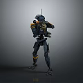 Back View Of Robot Character With Antenna And Orange Black Armor Standing Pose