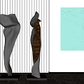 Abstract Black And Bronze Sculptures With Turquoise Wall Relief Carving In Modern Gallery
