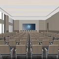 Modern Conference Room Interior Design With Large Projection Screen Rows Of Chairs And City View Windows