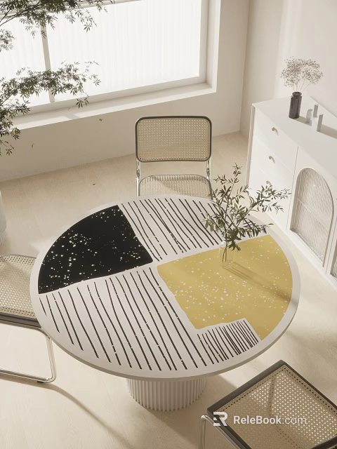 Modern Living Room With Round Table Colorful Sections Rattan Chairs Green Plant And White Cabinet 3d model 