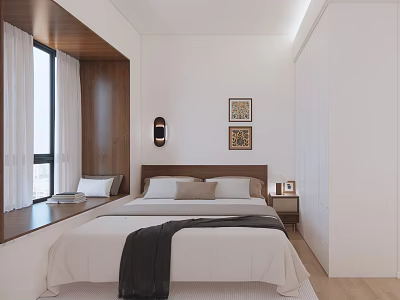 Modern White Wardrobe in Minimalist Bedroom With Wooden Window and Decorative Paintings 3d model