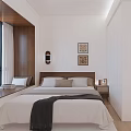 Modern White Wardrobe in Minimalist Bedroom With Wooden Window and Decorative Paintings
