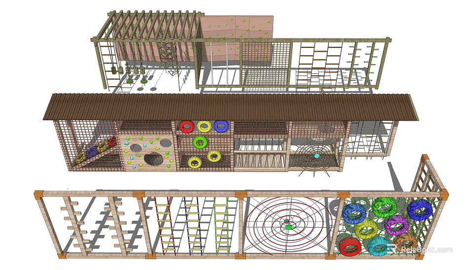 Outdoor Playground Equipment with Multi Level Climbing Frames Colorful Discs and Net Structures 3d model