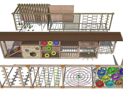 Outdoor Playground Equipment with Multi Level Climbing Frames Colorful Discs and Net Structures 3d model