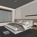Modern Bedroom Interior With Platform Bed Linear Wall Light Window Blinds And Rug