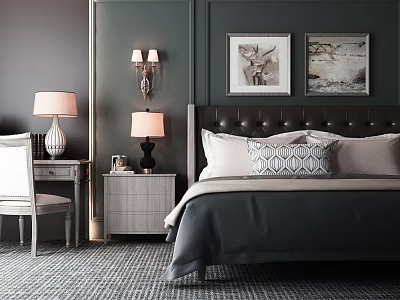 Elegant Modern Bedroom With Tufted Headboard Double Bed Pillows Nightstand Lamp Wall Art And Dresser 3d model