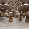 Supermarket Snack Area Interior Layout With Display Shelves Various Snacks Checkout Counter And Tables Chairs