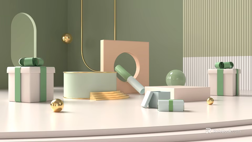 Modern Commercial Equipment Display Design With Green Background And Golden Decorations 3d model 