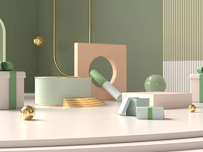 Modern Commercial Equipment Display Design With Green Background And Golden Decorations 3d model