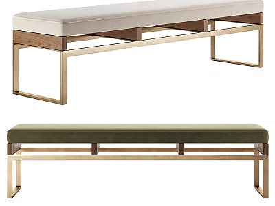Modern Upholstered Benches With White Green Cushions Wooden Accents And Metal Frames 3d model